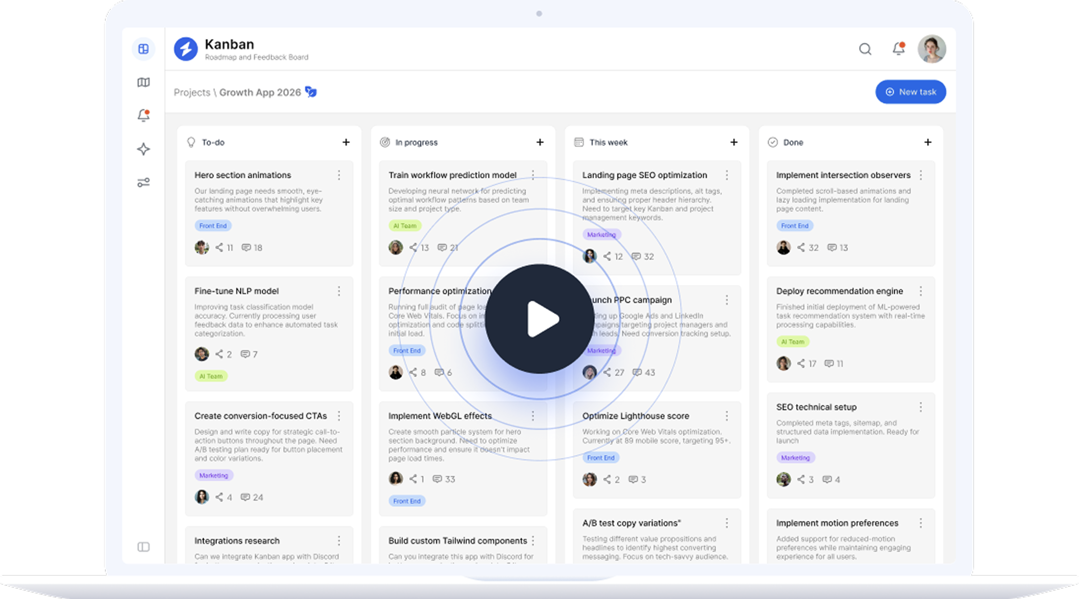 Kanban dashboard showing project boards and task management